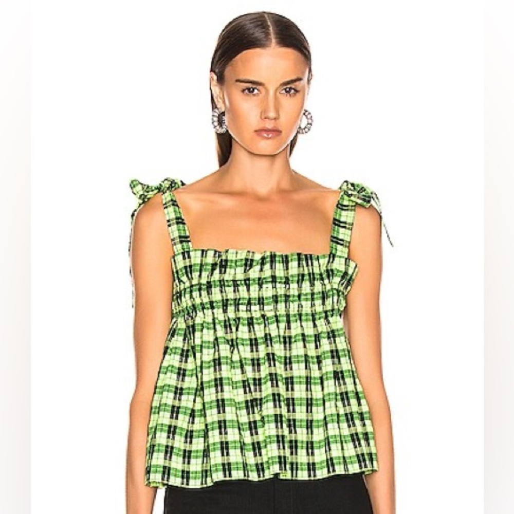 Ganni Green and Black Seersucker Checker Top